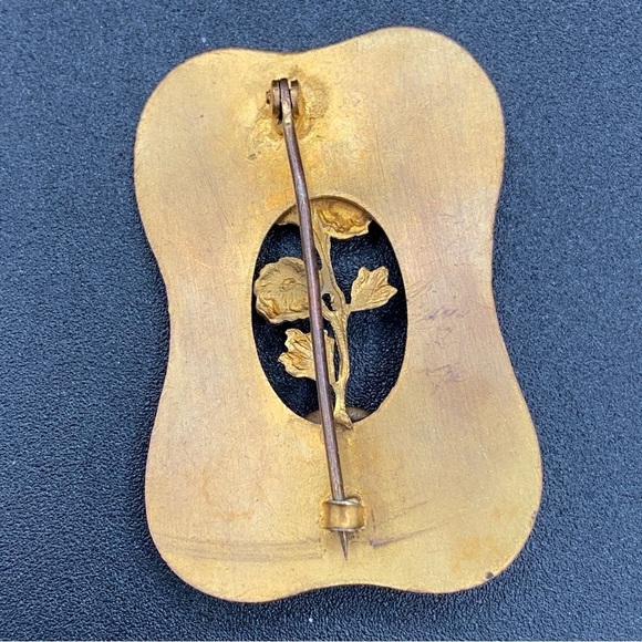 Antique Art Nouveau Brass Thistle Brooch with Citrine Colored Cabochon - Picture 7 of 10